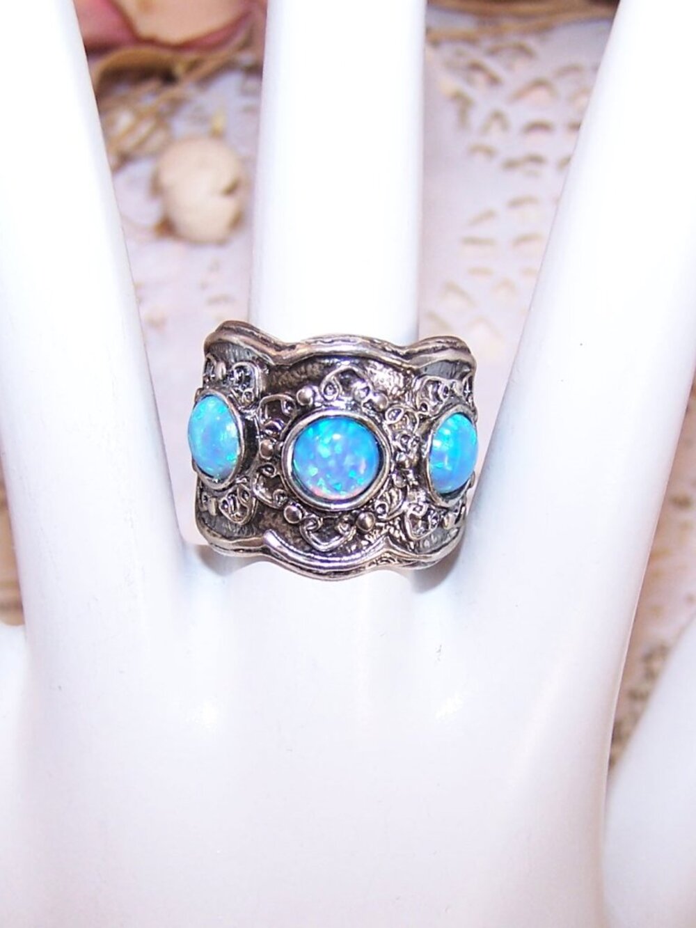 Made in Israel Sterling Silver Lab Opal Band Ring - Size 7